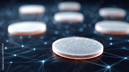 Futuristic white discs connected by glowing network lines on a dark digital background, symbolizing data, blockchain and distributed technology.