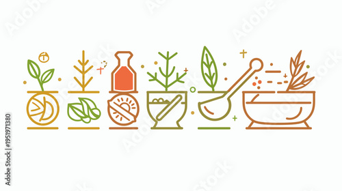 A row of stylized icons depicting natural ingredients, herbal medicine, and botanical elements