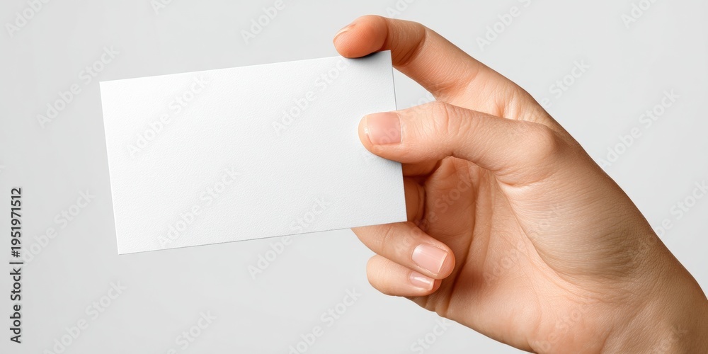 Obraz premium Hand holding a blank white business card on a light background, ready for custom text or logo design.