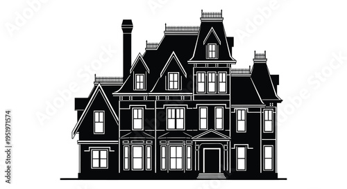 A detailed black and white illustration of a large victorian style house with multiple gables and chimneys