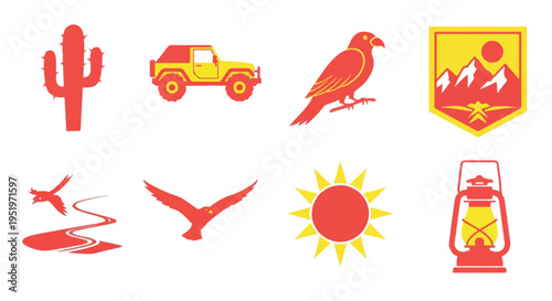 Vibrant Red and Yellow Overlanding Desert Adventure Icon Set