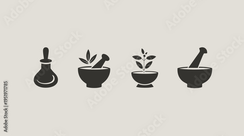 A collection of herbal medicine icons featuring botanical elements, mortar and pestle