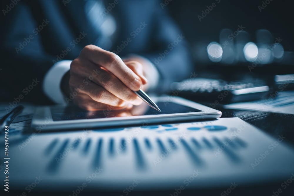 Fototapeta premium Businessman analyzing financial data on a digital tablet with charts and graphs on the desk.
