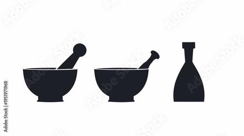 Silhouetted illustration showing apothecary tools mortar & pestles with a flask on a white background