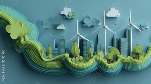 Paper cutout cityscape with wind turbines, trees and clouds illustrating sustainable urban development and renewable green energy.