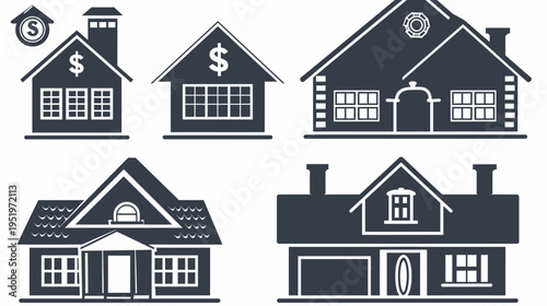 Black and white illustration of different stylized houses, featuring windows and roof designs