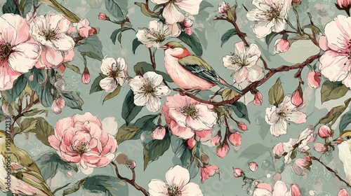 Hand-drawn songbirds perched among blooming pink cherry blossoms on a soft green background, creating a romantic spring floral pattern.