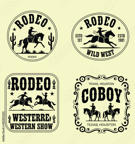 Rodeo Event Monochrome Sticker Set Featuring Cowboys on Horses and Bulls Vector Illustration for Texas Ranch or Bar Interior Design Western Decor Artwork