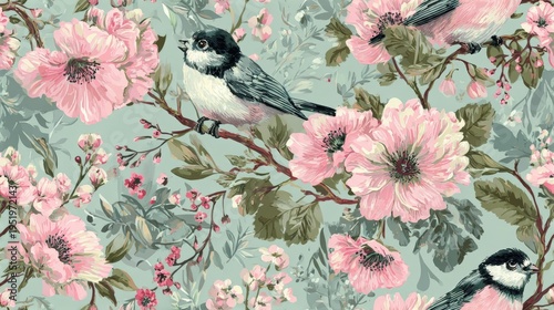 Seamless vintage floral pattern with small birds perched among pink blossoms and green foliage on a soft pastel background.