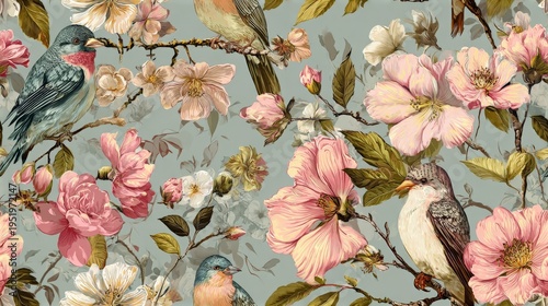 Seamless vintage illustration of songbirds perched among blooming pink flowers and green leaves on a soft blue background.