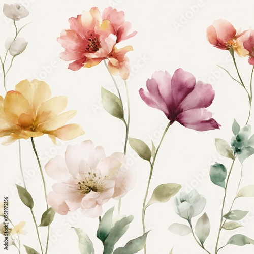 Soft watercolor illustration of pastel wildflowers and leaves on a light background, creating an elegant botanical floral pattern.