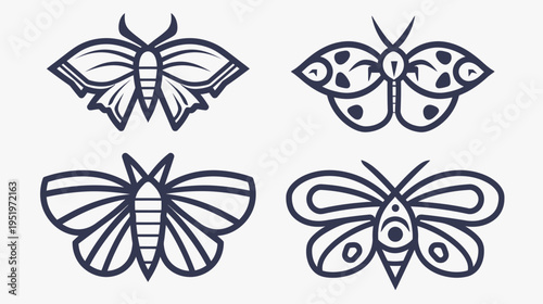 Four stylized illustrations of winged insects with symmetrical designs in a dark navy blue hue