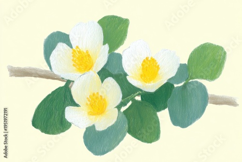 Hand-drawn branch with three white flowers and green leaves on a light pastel background.