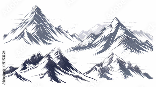 A collection of stylized, textured mountain illustrations, featuring varying heights and shapes