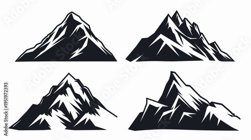 Collection of stylized mountain illustrations with varying peaks and jagged edges, in black and white