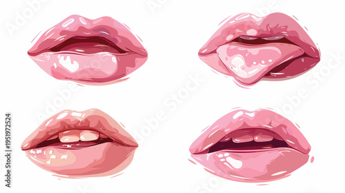 Four stylized, glossy pink lips in various poses on a white background, digitally illustrated