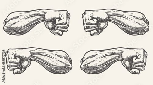 A detailed illustration of four fists, a study in shades of grey and detailed textures