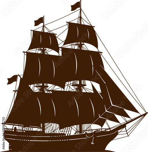 Classic brown sailing ship, a magnificent historical vessel with full sails against an open sky
