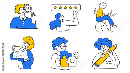 business professionals analyzing customer feedback ratings and solving complex puzzles for growth