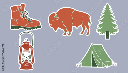 Rustic Forest Camping and Bison Wildlife Sticker Pack Illustration