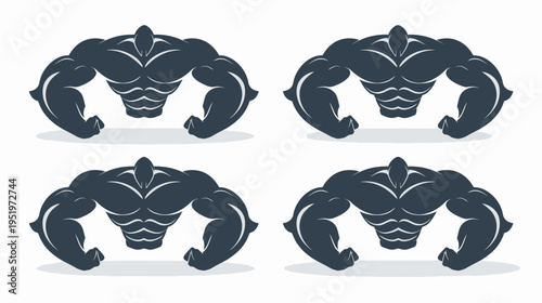Four stylized representations of muscular figures, depicted with grayscale shades and white accents