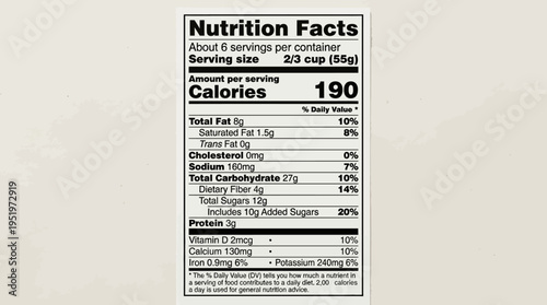 Nutrition facts label on food packaging.
