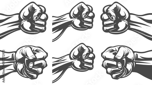 A grayscale illustration of six clenched fists with varying angles, all facing the viewer