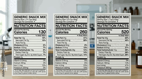 Snack mix nutrition labels on table.