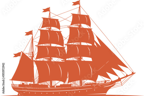 Orange silhouette of large historic sailing ship with full sails and multiple masts at sea