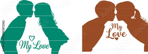 Silhouette couple kissing and holding hands with inscription my love and heart symbol in teal and brown on transparent background