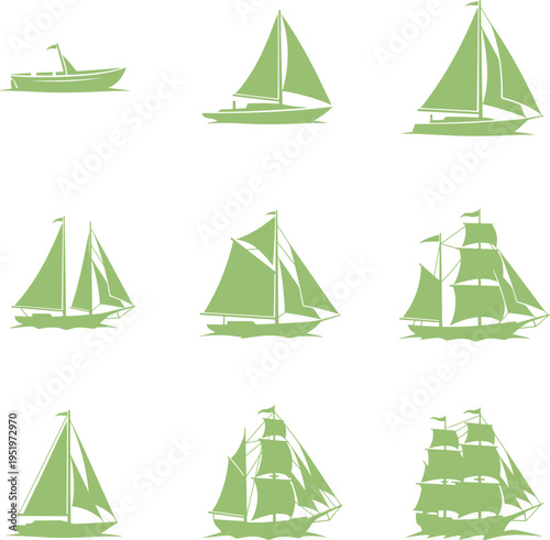 Set of light green sailboat silhouettes various types and sizes on transparent background