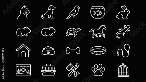 White line icons of pets and accessories on black.
