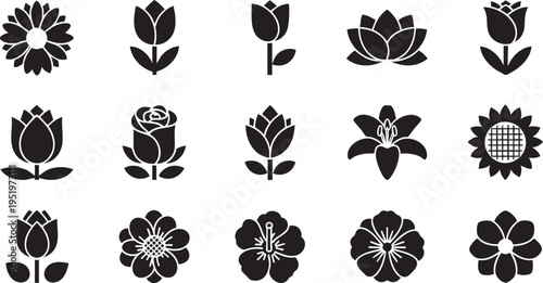Minimalist Flower Silhouette and Floral Nature Icon Set