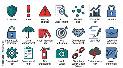 Risk management and protection icons set.