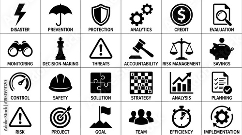 Business icons for risk management and strategy.