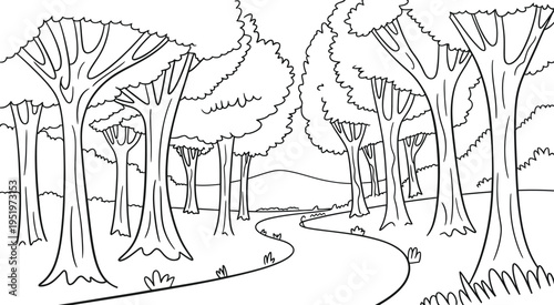 Scenic Forest Landscape Vector Featuring Trees and Winding Path Transparent Background Ideal for Nature Illustrations, Hiking, Travel, and Outdoor Design Projects