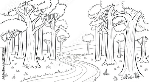 Scenic Forest Landscape Vector Featuring Trees and Winding Path Transparent Background Ideal for Nature Illustrations, Hiking, Travel, and Outdoor Design Projects