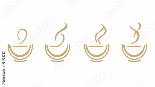 A set of four stylized coffee or tea cup illustrations with subtle steam variations, gold hues on white