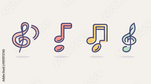 Four musical notes in different shapes and colors against a soft beige background