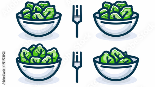 Illustrated cartoon of salad bowls and forks arranged in a pattern on a white surface