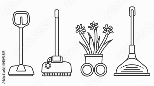 Linear art shows a bathroom scale, broom, potted daisies, and toilet plunger, all in outline