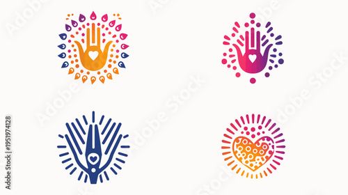 Four unique hand/heart illustrations with radiant effects in varying bright color palettes