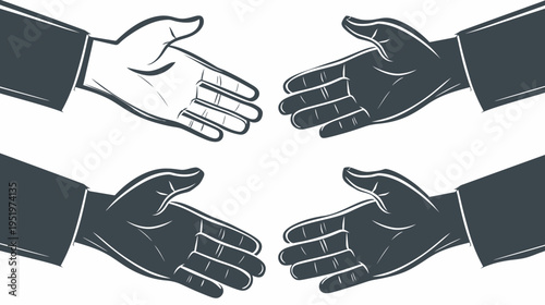 Stylized handshake illustration depicting business agreement with black, gray, and white hands