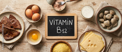 Wallpaper Mural Top view of various food sources rich in vitamin b12 on a rustic wooden table with a chalkboard sign Torontodigital.ca