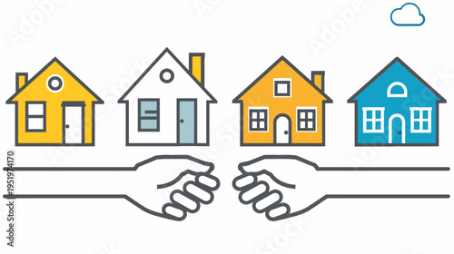Cartoon style houses held by hands with single cloud, yellow, white, blue color scheme