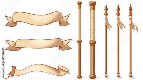 Decorative drawing includes ribbons, poles, and spears, all in a cartoon style with brown outlines