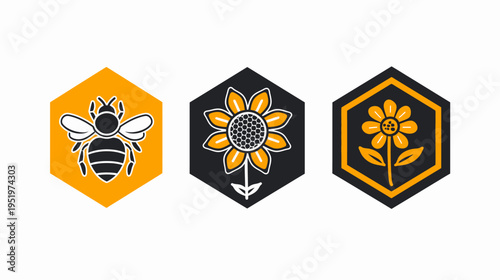 Trio of bee and sunflower icons in hexagonal shapes on a clean white backdrop