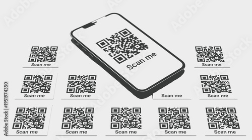Smartphone displaying QR code surrounded by multiple QR code stickers.