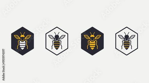 Four icon variations bee design in hexagon, alternating color, simple illustration