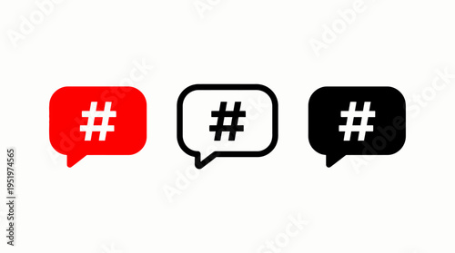 Colorful speech bubbles with hashtags.